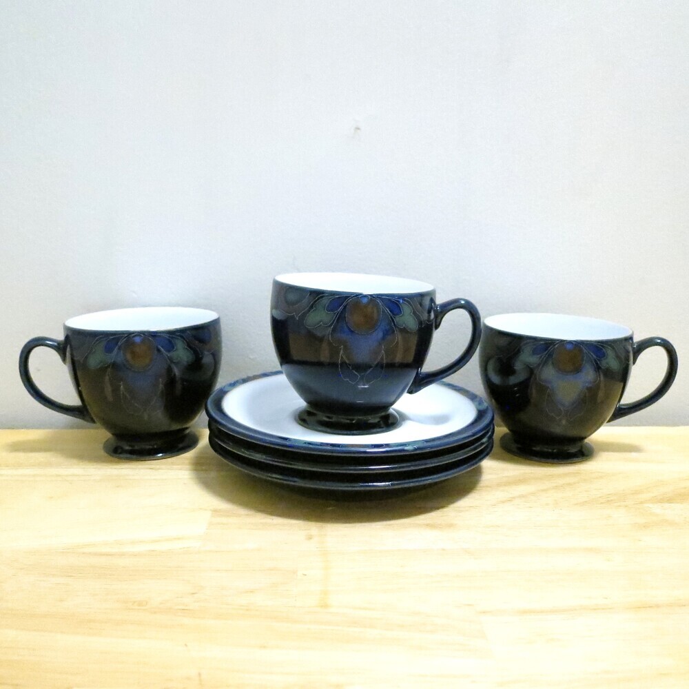X3 Denby Baroque England Footed Tea Coffee Cups & Saucers Cobalt Blue Flower
